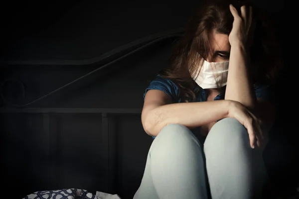 Sad Stressed Sick Young Woman Wearing Face Mask Avoid Spreading — Stock Photo, Image