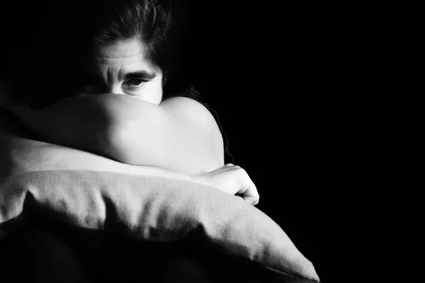 Sad Lonely Woman Thoughtful Expression Black White Portrait Black Background — Stock Photo, Image