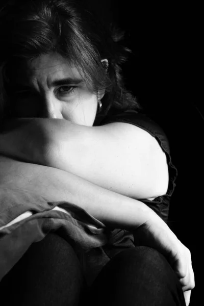 Sad Lonely Woman Thoughtful Expression Black White Portrait Black Background — Stock Photo, Image