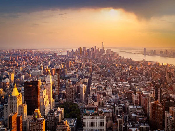 Aerial View New York City Illuminated Rising Sun — Stock Photo, Image