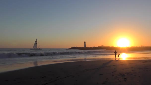 2018年米国カリフォルニア州サンタクルスのツインレイクスビーチから見られるように 日没時のサンタクルス防波堤 別名ウォルトン — ストック動画