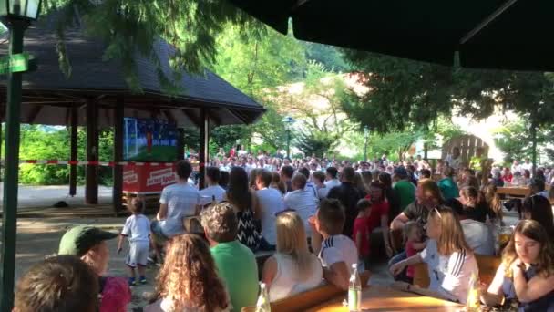 Passau Germany 2018年6月17日 オープンエアのパブでドイツのサッカーファンは ドイツ代表チームが2018年ワールドカップでメキシコに敗北するのを黙って見ています — ストック動画