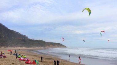 Big Basin State Beach, California - 28 Şubat 2016: Kaliforniya 'daki Big Basin State Beach' te uçurtma sörfçüleri 