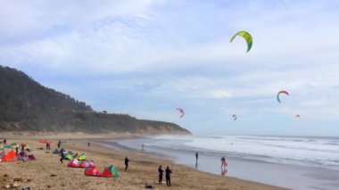 Big Basin State Beach, California - 28 Şubat 2016: Kaliforniya 'daki Big Basin State Beach' te uçurtma sörfçüleri 