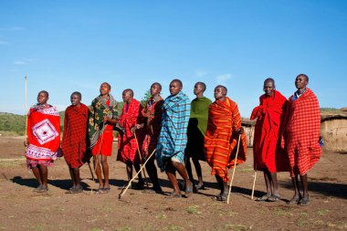 15 Ekim 2012 'de Kenya' daki Maasai Mara 'da kimliği belirlenemeyen Masai erkekleri. Masailer, Kenya ve kuzey Tanzanya 'da bulunan yarı göçebe bir etnik gruptur..