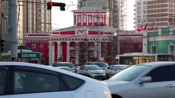 Street Traffic Opera House Ulaanbaatar Capital Mongolia Circa March 2019 — Stock Video