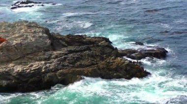 Carmel Highlands, Kaliforniya 'daki Point Lobos State Doğal Rezervi' nden gelen dalgalarla inanılmaz bir turkuaz su. Pasifik Okyanusu manzarası.