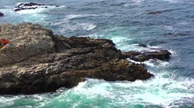Carmel Highlands, Kaliforniya 'daki Point Lobos State Doğal Rezervi' nden gelen dalgalarla inanılmaz bir turkuaz su. Pasifik Okyanusu manzarası.