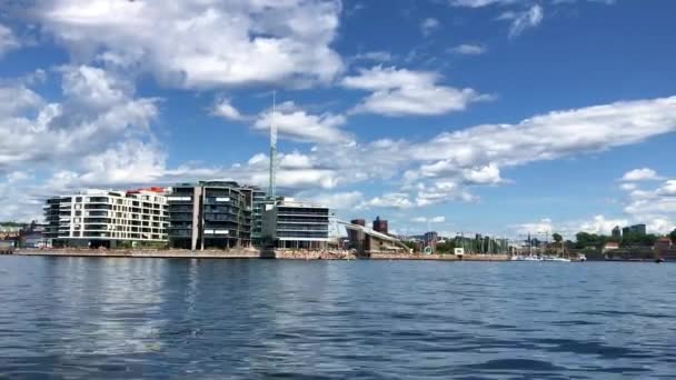 Buildings Oslo Capital Norway Seen Moving Boat 2018 — Stock Video