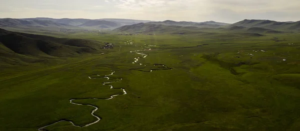 Luchtfoto Van Het Mongoolse Platteland Niet Ver Van Ulaanbaatar Hoofdstad — Stockfoto