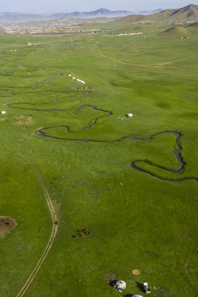 Aerial view of the Mongolian countryside, not far from Ulaanbaatar, the capital of Mongolia