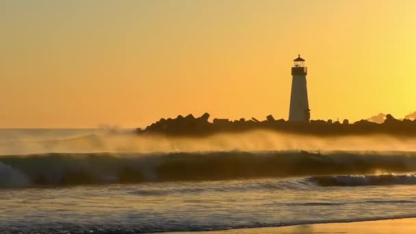 Latarnia Morska Santa Cruz Breakwater Alias Walton Zachodzie Słońca Widziana — Wideo stockowe