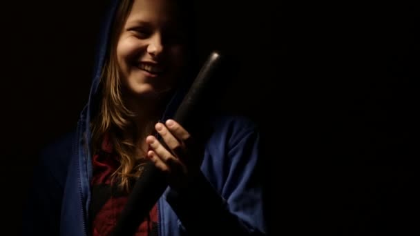 Criminal teen girl with baseball bat, young hooligan. 4K — Stock Video