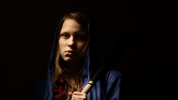 Criminal teen girl with baseball bat, young hooligan. 4K — Stock videók