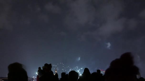 Pessoas assistindo fogos de artifício coloridos na noite de férias. 4K UHD — Vídeo de Stock