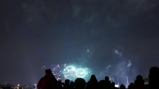 Gente viendo fuegos artificiales de colores en la noche de vacaciones. 4K UHD — Vídeos de Stock