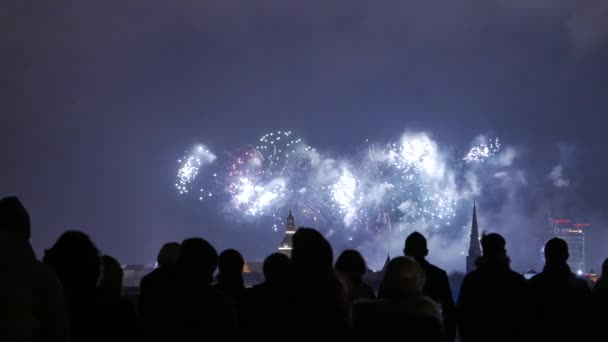 Az emberek nézni a színes tűzijáték ünnep éjjel. 4k Uhd — Stock videók