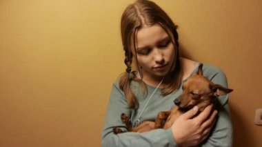 Genç kız having oyunculuk ile onun küçük oyuncak terrier köpek gülümsüyor. 4k Uhd.