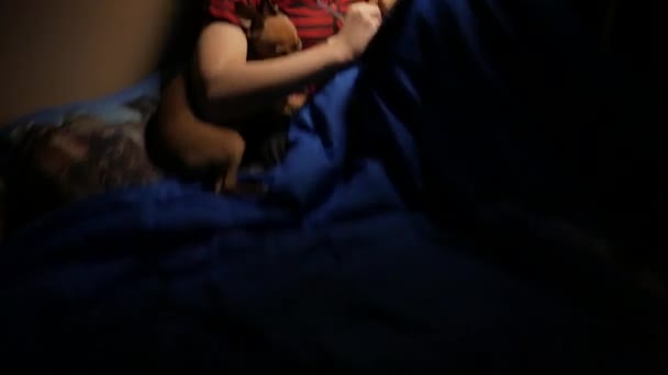 Adolescent écrit journal intime à la maison dans son mauvais avec un ours jouet et petit chien. 4K UHD — Video