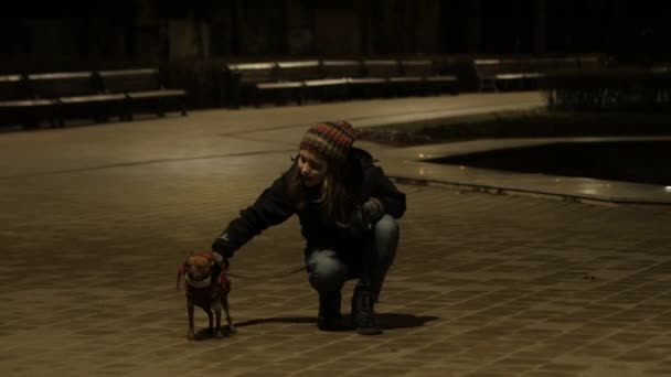 夜の寒さの通りに小さな犬で十代の少女。4 k Uhd — ストック動画