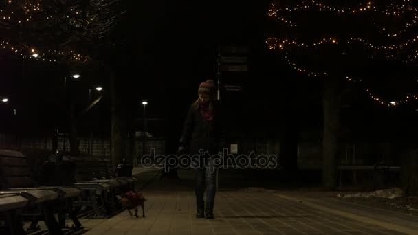 Menina adolescente com um pouco de cachorrinho em uma rua fria noite. 4K UHD — Vídeo de Stock