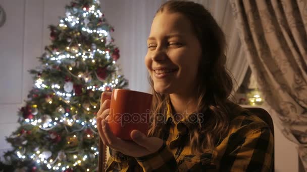 Teen girl smiling and drinking tea from a cup. Christmas tree and holidays mood. 4K UHD. — Stock Video
