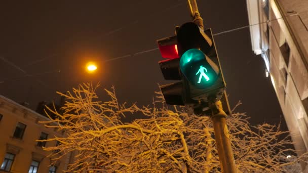 O sinal de trânsito muda de verde para vermelho à noite. 4K UHD . — Vídeo de Stock
