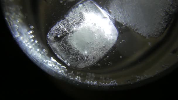 Vidro de água espumante derretendo cubos de gelo. 4K UHD — Vídeo de Stock