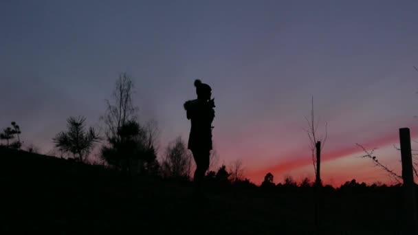 Жінка грає зі своєю собакою на заході сонця — стокове відео