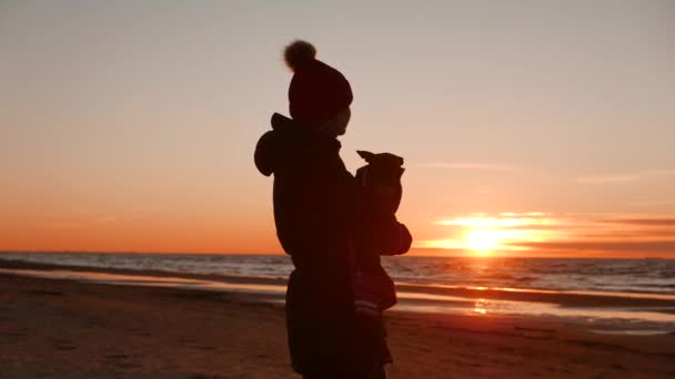 Жінка грає зі своєю собакою на заході сонця біля Балтійського моря — стокове відео