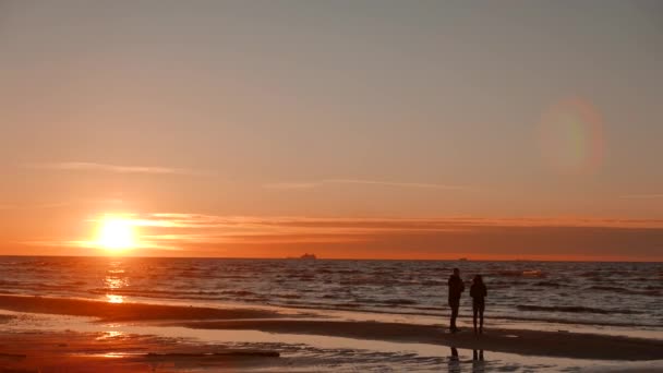 Paar wandelen langs zomer strand bij zonsondergang. — Stockvideo