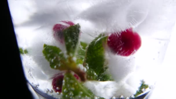 Glass with drink, ice, mint and berries. Closeup — Stock Video