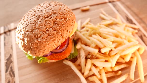 Šťavnatý hamburger s hranolky. — Stock video