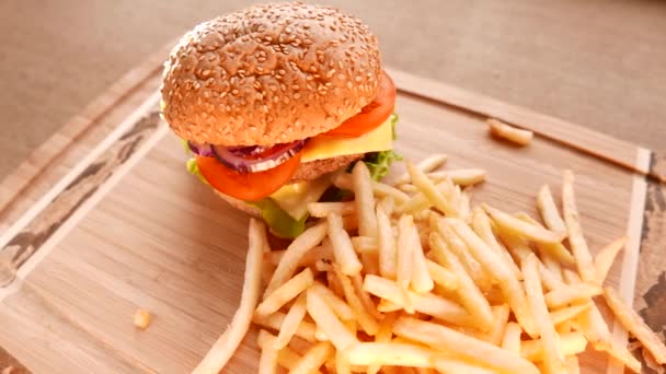Šťavnatý hamburger s hranolky. — Stock video