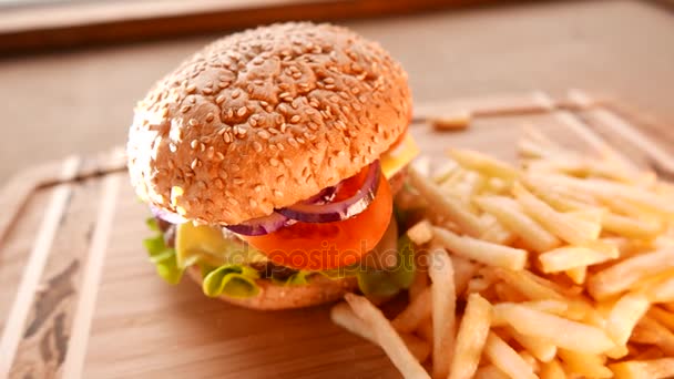 Hamburguesa jugosa con papas fritas . — Vídeo de stock