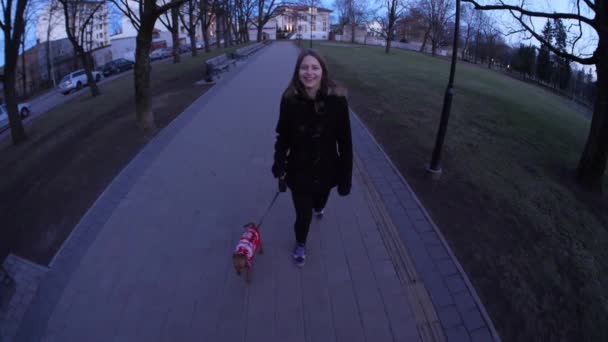 Menina adolescente e pequeno terrier brincando em um parque. Caminhando em direção à câmera. 60 a 24fps — Vídeo de Stock