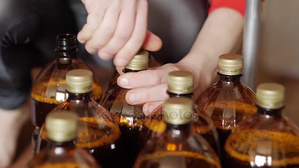 Home brewery. Bottling beer. — Stock Video