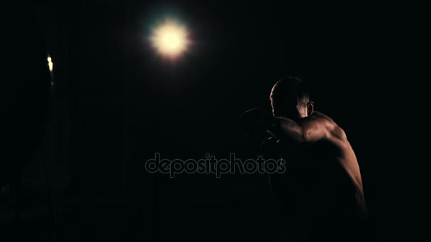 Entraînement de boxe dans un gymnase, éclairage dramatique. Mouvement lent — Video