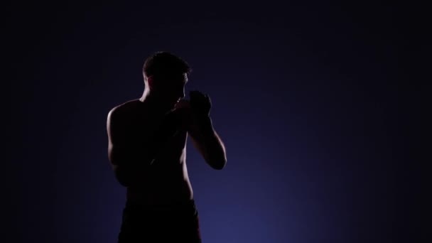 Treino de pugilista num ginásio, iluminação dramática. Movimento lento — Vídeo de Stock