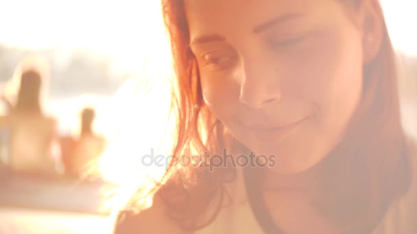 Portrait of cute pretty teen girl. Sunny spring day SLOWMO Indoors beautiful dreamy back light from sunset. Soft low contrast filter — Stock Video
