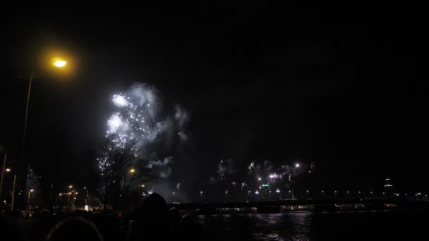 La gente por la noche viendo fuegos artificiales celebración 4K — Vídeos de Stock