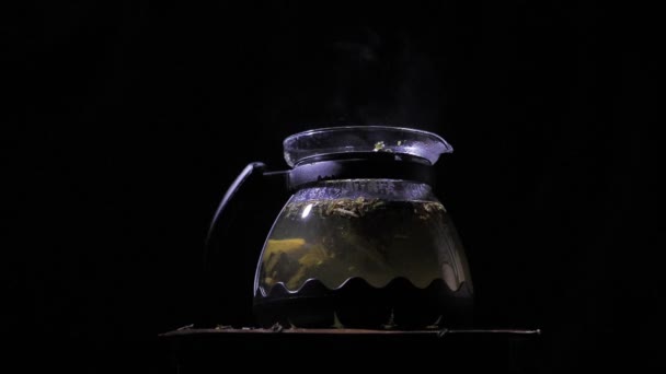 Teekanne mit heißem Tee. Zitronen fielen in eine Teekanne. — Stockvideo