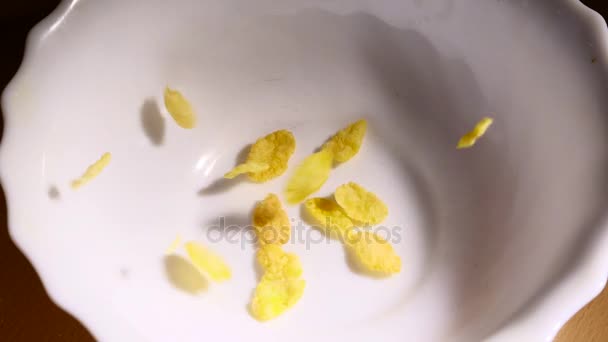 Cornflakes fallen langsam in Schüssel mit Cornflakes — Stockvideo