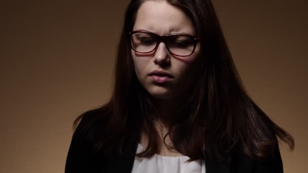 Nervous teen student girl in glasses — Stock Video