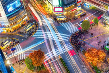 Shibuya bölgesi ve Shibuya Crossing, Tokyo havadan görünümü.