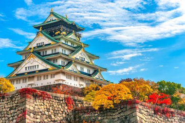 Osaka 'daki Osaka Kalesi' nde sonbahar yaprakları var. Japonya.