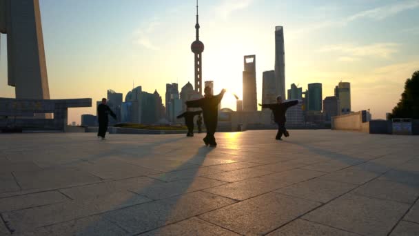 Pessoas exercendo sagacidade Tai Chi em Te Bund, Xangai, China — Vídeo de Stock