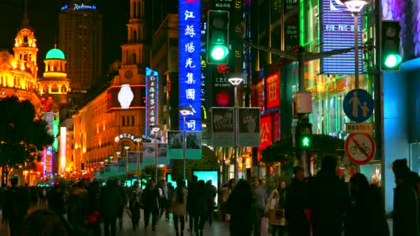 Shanghai Cina Febbraio 2018 Insegne Neon Illuminate Nanjing Road Zona — Video Stock