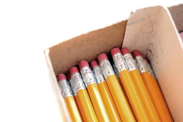 Crayons en boîte avec effaceurs pour le travail ou les affaires — Photo