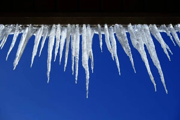 Icicli appesi al tetto della casa sciolto ghiaccio gocciolante — Foto Stock